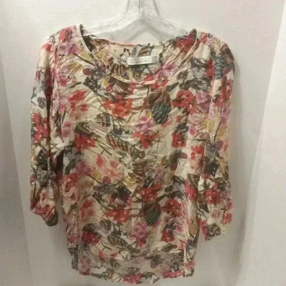 Zara Floral Roll Sleeve Cotton Blend Top Size M - Picture 1 of 5